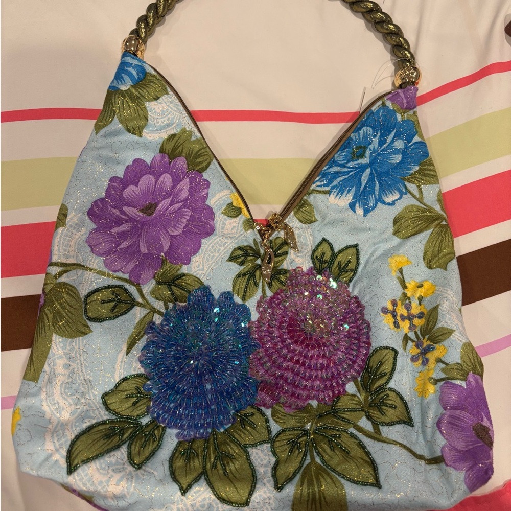 Floral Embroidered Light Blue Shoulder Bag with Beaded Accents